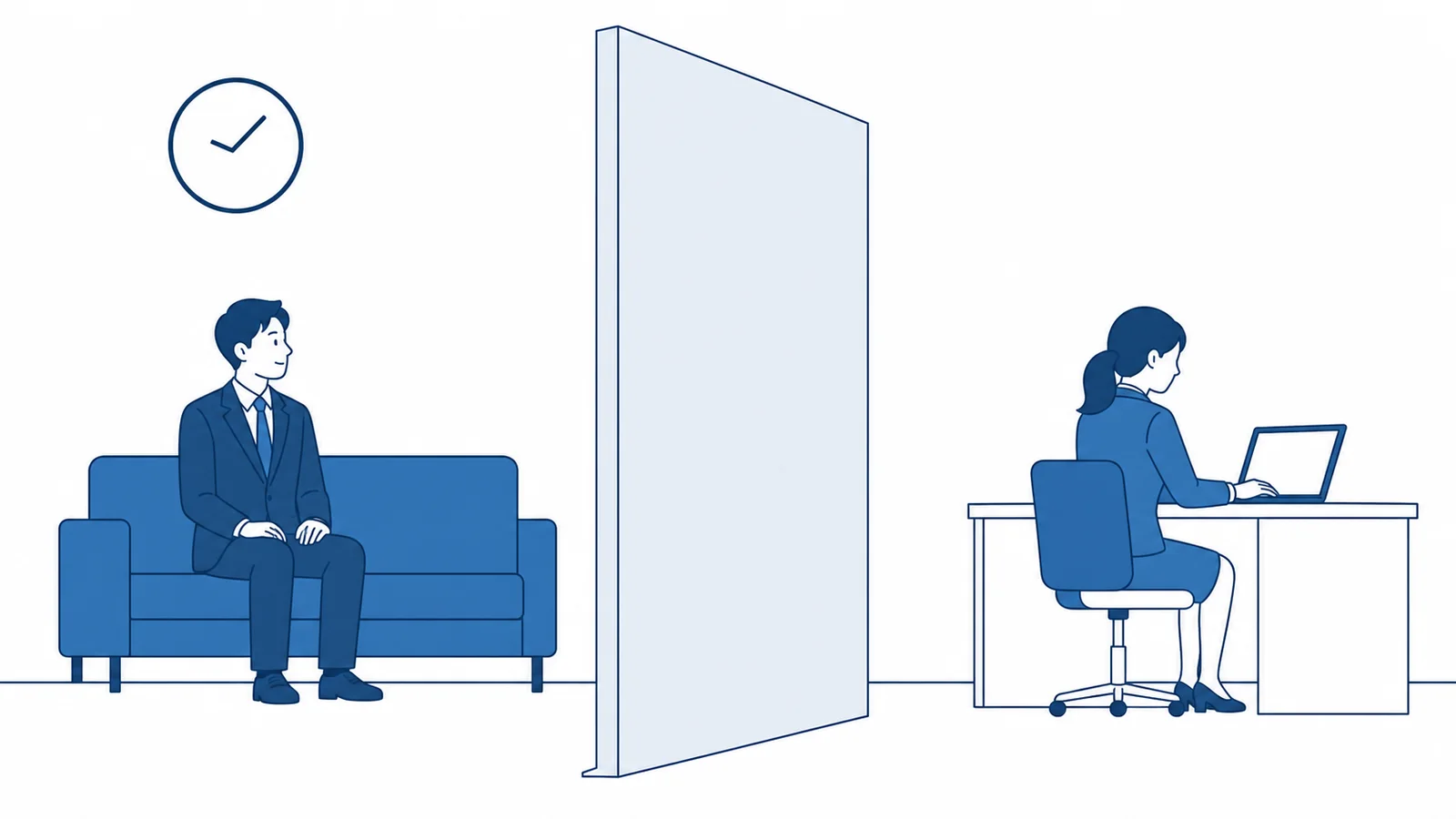 An illustration of a visitor waiting on a lobby sofa beside a wall clock, while an employee behind a partition works at a laptop, unaware